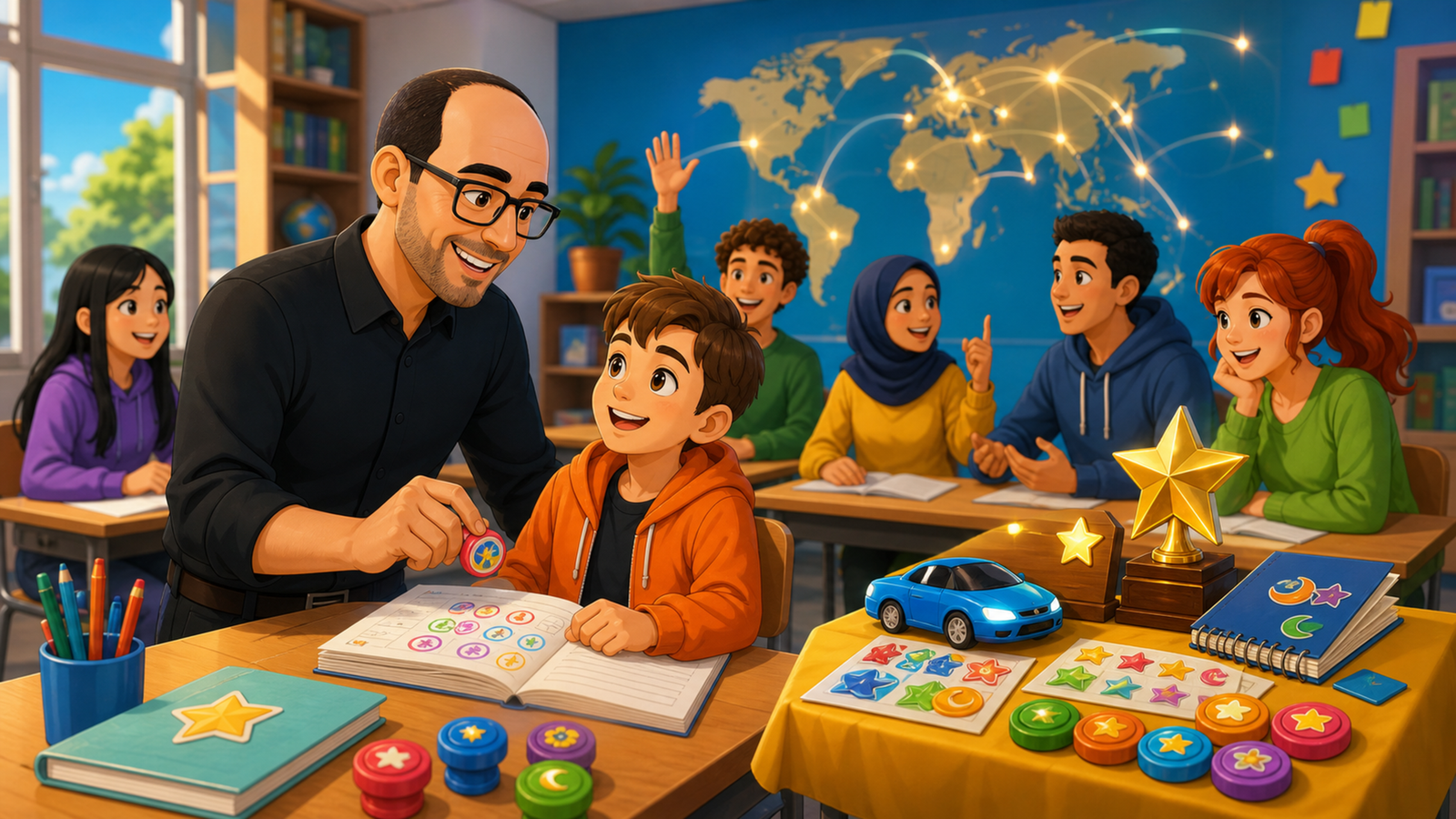 Cinematic 3D manga header with students earning stamps